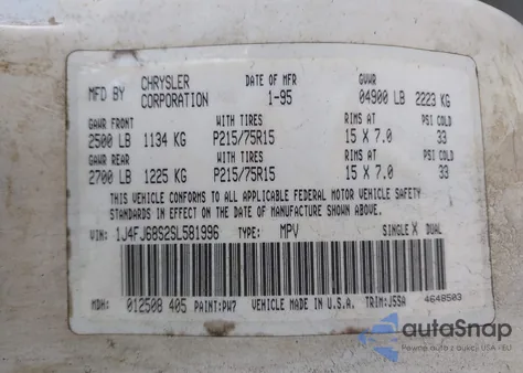 1995 Jeep Cherokee Sport z USA, uszkodzony, nr VIN 1J4FJ68S2SL581996